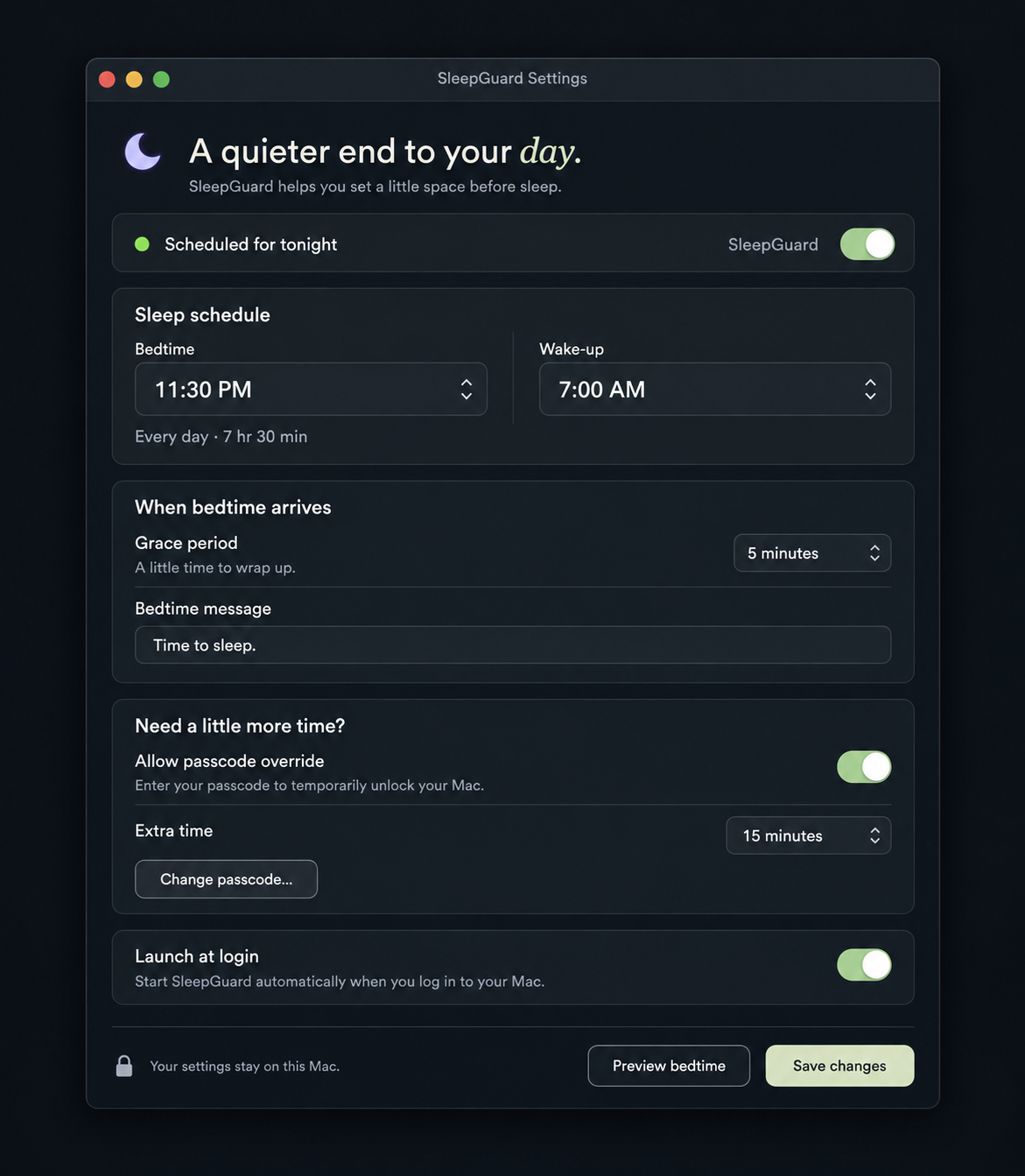 SleepGuard Mac Settings design with bedtime and wake-time pickers, grace, message, passcode and background protection controls